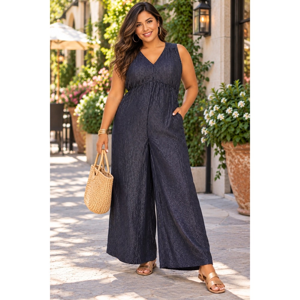 New Lane Bryant Womans 26 Jumpsuit Wide Leg Shimmer Stripe Blue Lurex Gauze